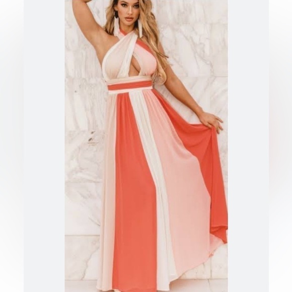 Coral color block halter maxi dress L’atiste by Amy - Picture 1 of 11